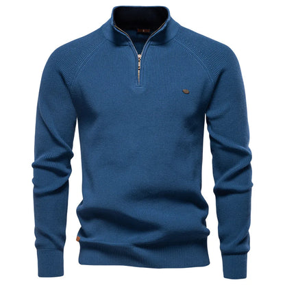 Sweter męski half zip ze stójką - prążkowany splot