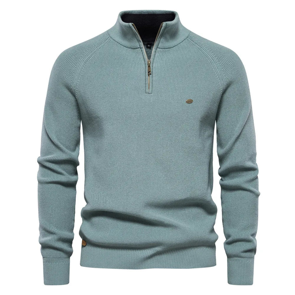 Sweter męski half zip ze stójką - prążkowany splot