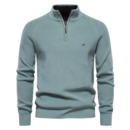Sweter męski half zip ze stójką - prążkowany splot