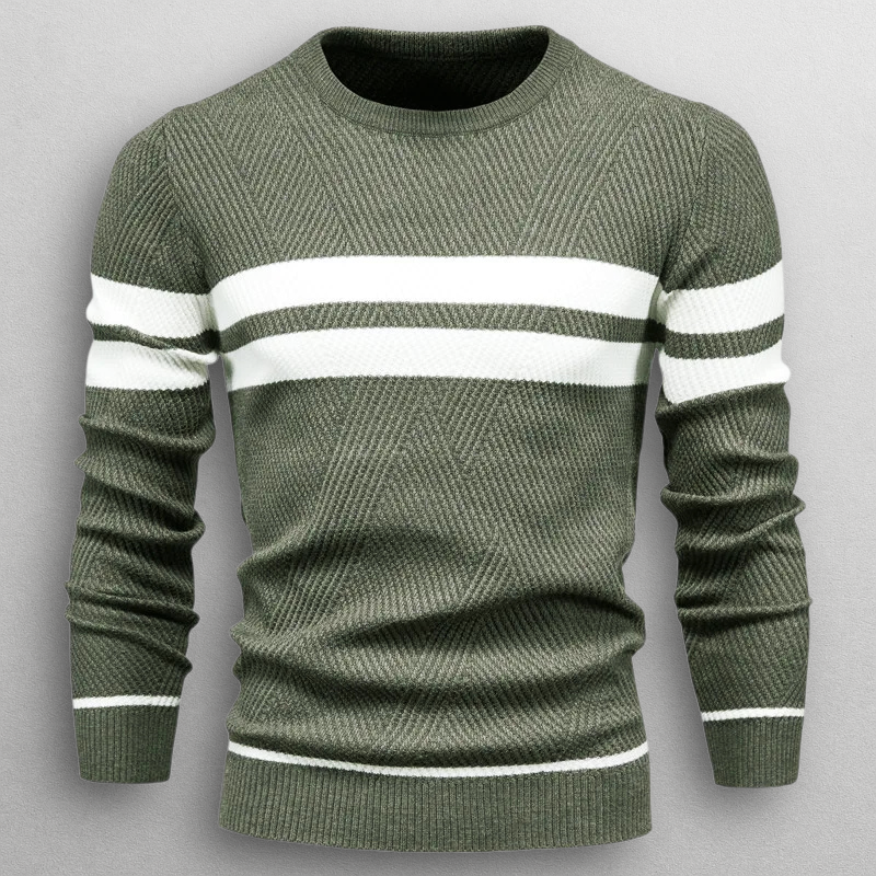 Sweter męski w paski - okrągły dekolt, dzianina