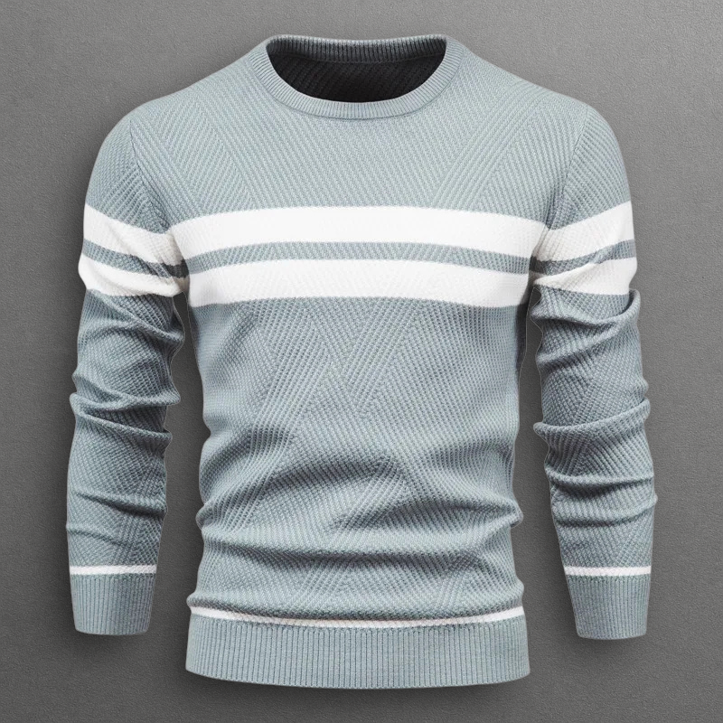Sweter męski w paski - okrągły dekolt, dzianina