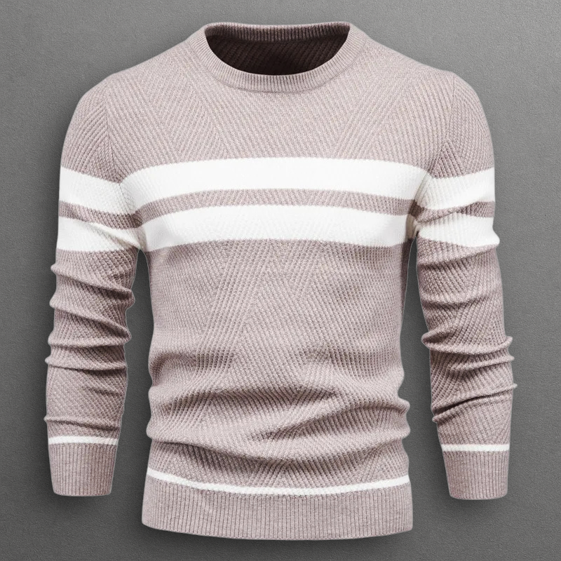 Sweter męski w paski - okrągły dekolt, dzianina