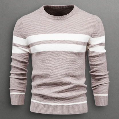 Sweter męski w paski - okrągły dekolt, dzianina