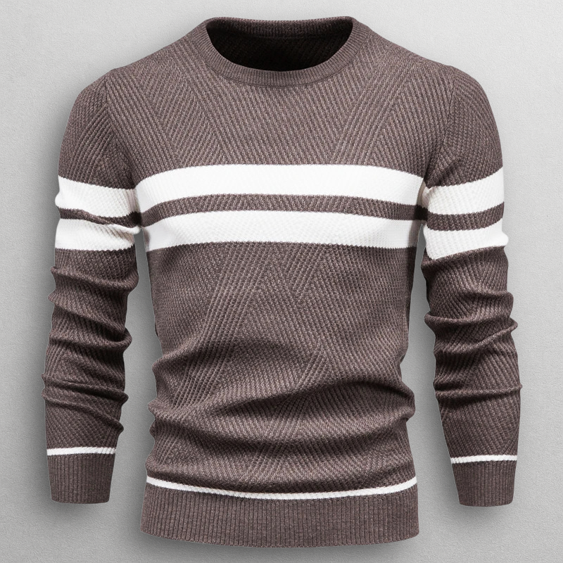 Sweter męski w paski - okrągły dekolt, dzianina