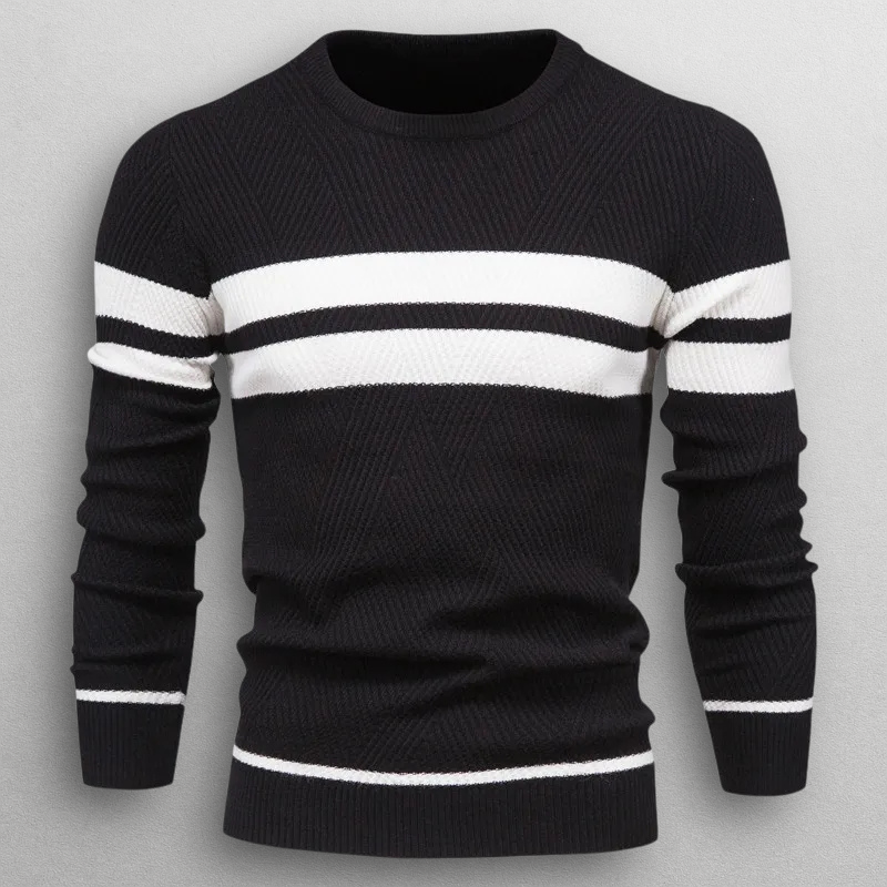 Sweter męski w paski - okrągły dekolt, dzianina