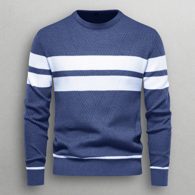 Sweter męski w paski - okrągły dekolt, dzianina