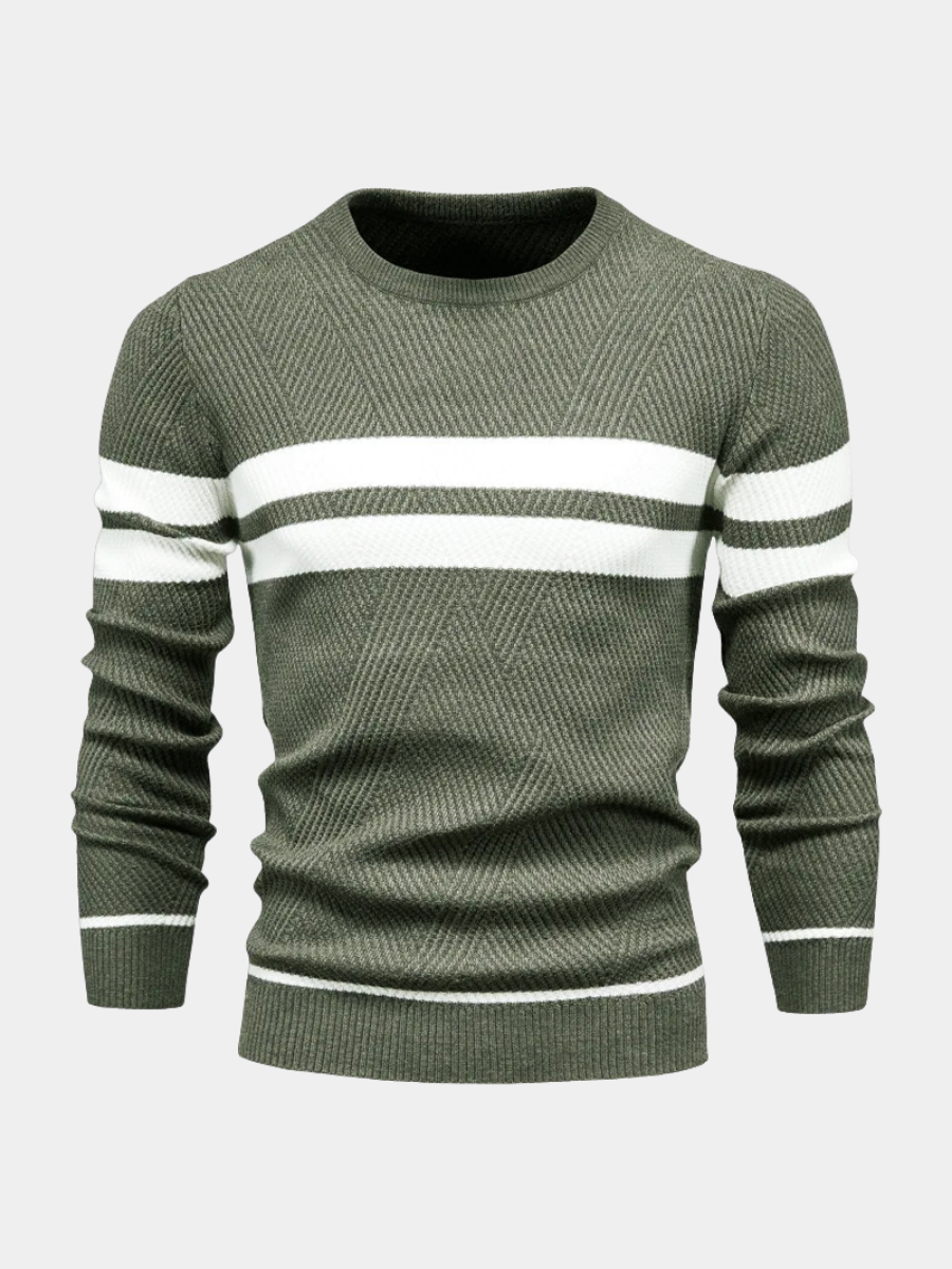 Sweter męski w paski - okrągły dekolt, dzianina