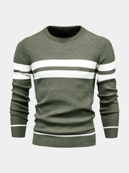 Sweter męski w paski - okrągły dekolt, dzianina