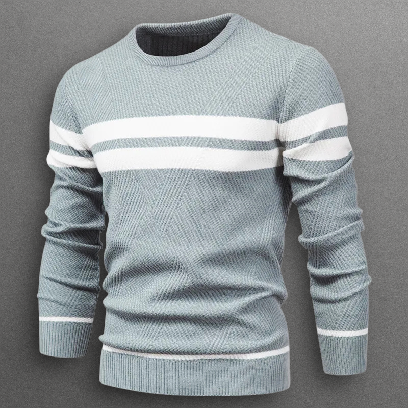 Sweter męski w paski - okrągły dekolt, dzianina