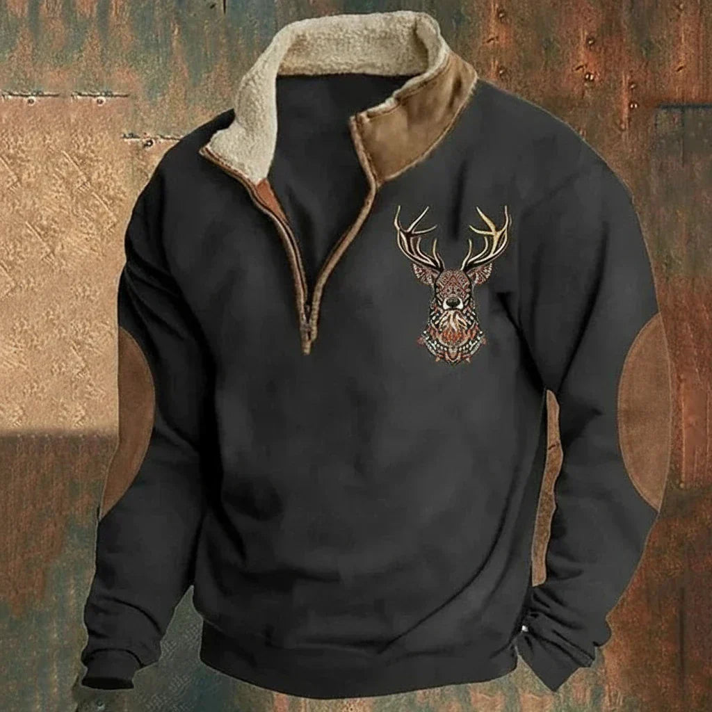 Sweter męski z zamkiem do połowy - haftowany motyw jelenia