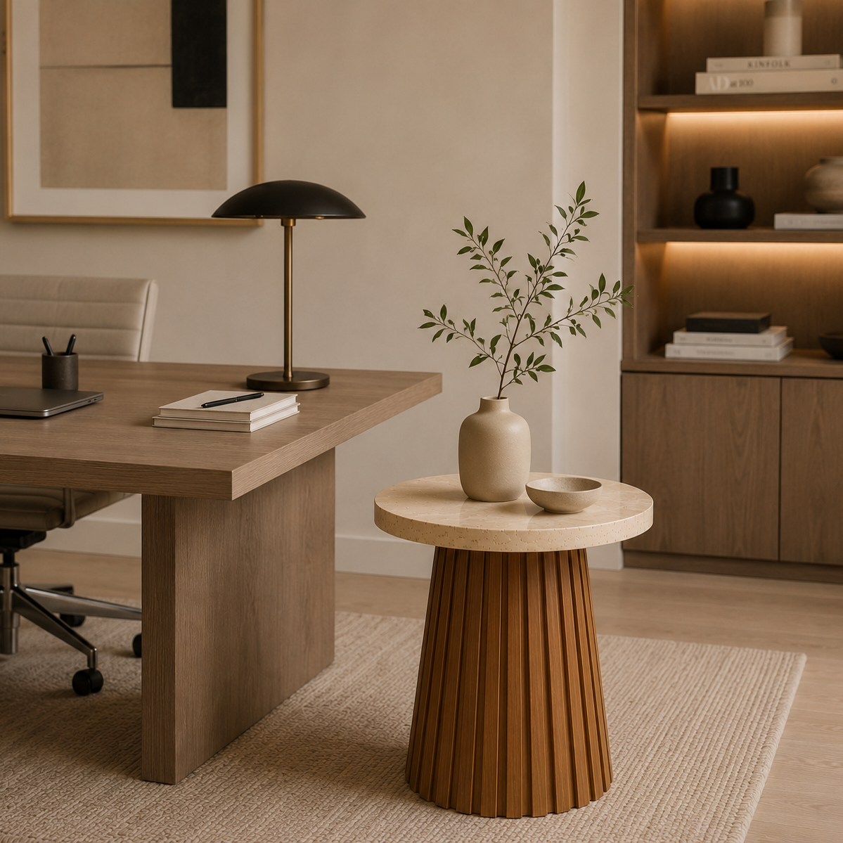 Okrągły Stolik Boczny z Ryflowaną Drewnianą Podstawą i Kamiennym Blatem w Stylu Modern Organic