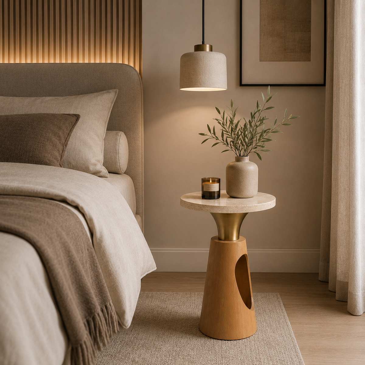 Okrągły Stolik Pomocniczy z Kamiennym Blatem i Rzeźbioną Drewnianą Podstawą w Stylu Modern Luxury
