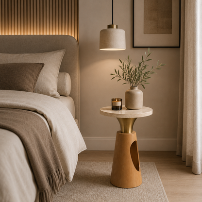 Okrągły Stolik Pomocniczy z Kamiennym Blatem i Rzeźbioną Drewnianą Podstawą w Stylu Modern Luxury