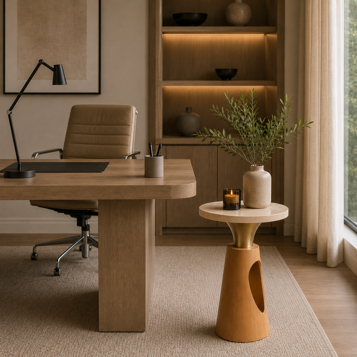 Okrągły Stolik Pomocniczy z Kamiennym Blatem i Rzeźbioną Drewnianą Podstawą w Stylu Modern Luxury
