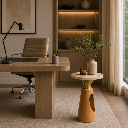 Okrągły Stolik Pomocniczy z Kamiennym Blatem i Rzeźbioną Drewnianą Podstawą w Stylu Modern Luxury