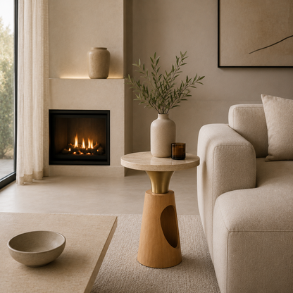 Okrągły Stolik Pomocniczy z Kamiennym Blatem i Rzeźbioną Drewnianą Podstawą w Stylu Modern Luxury
